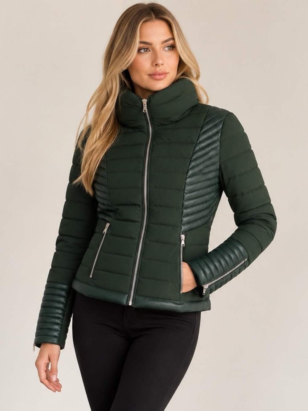 GUESS 2X Stretch Forest Green Mixed Media Puffer Jacket